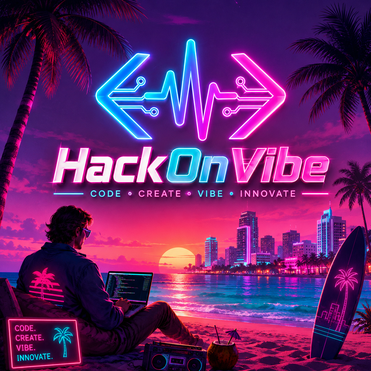 HackOnVibe neon beach banner